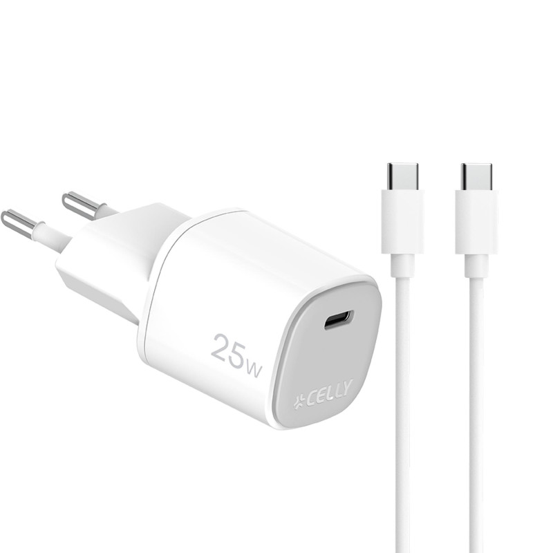 Alimentatore da rete celly + cavo usb-c a usb-c 25w bianco