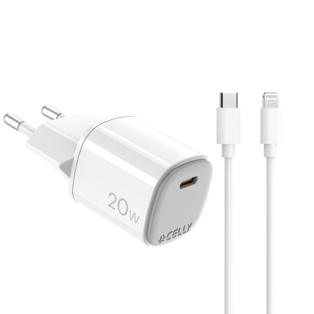 Alimentatore da rete celly + cavo da usb-c a lightning 20w bianco