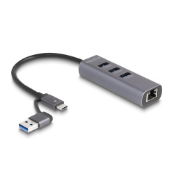 Hub usb delock 5gbps 3porte + lan gigabit con usb tipo-c grigio