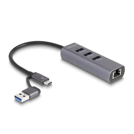 Hub usb delock 5gbps 3porte + lan gigabit con usb tipo-c grigio