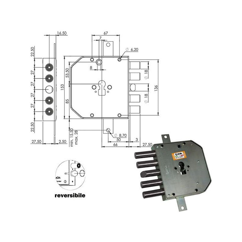 Serratura moia serratura sic.tripl.sx cil.e63 4 pistoni nera [res654/270sfb+43]