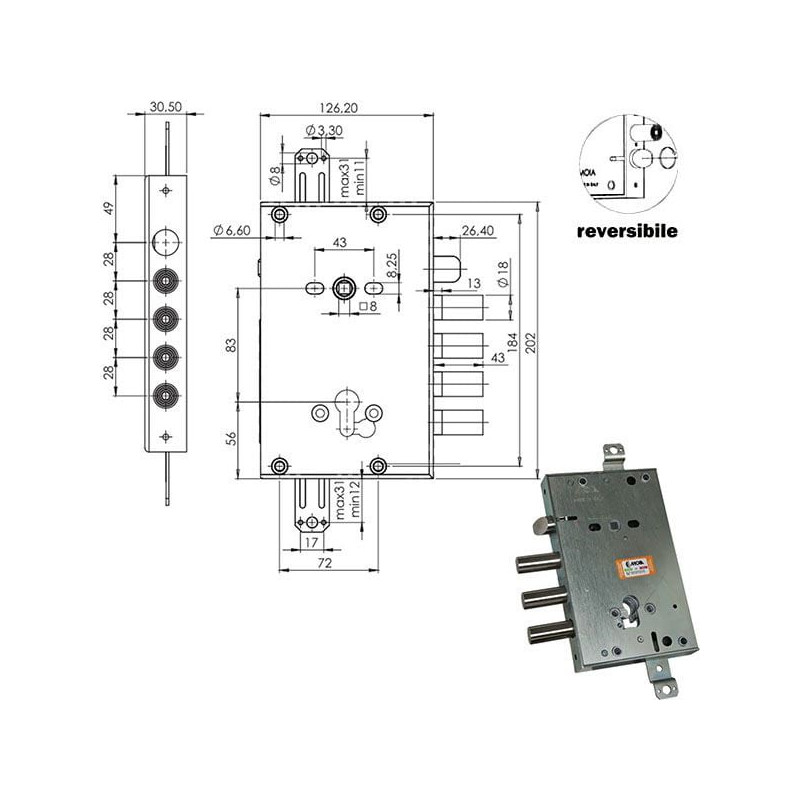 Serratura moia serratura sic.triplice cil. e63 reversibile [664/280rfb+10,0]