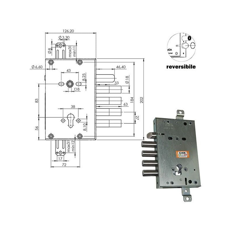 Serratura moia serratura sic.triplice cil. e63 4 pistoni [rci664/270rfb+33]