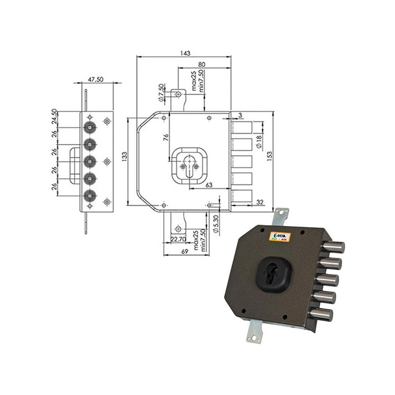 Serratura moia serratura sic.triplice dx cil.a453 3 pistoni [a453dxb]