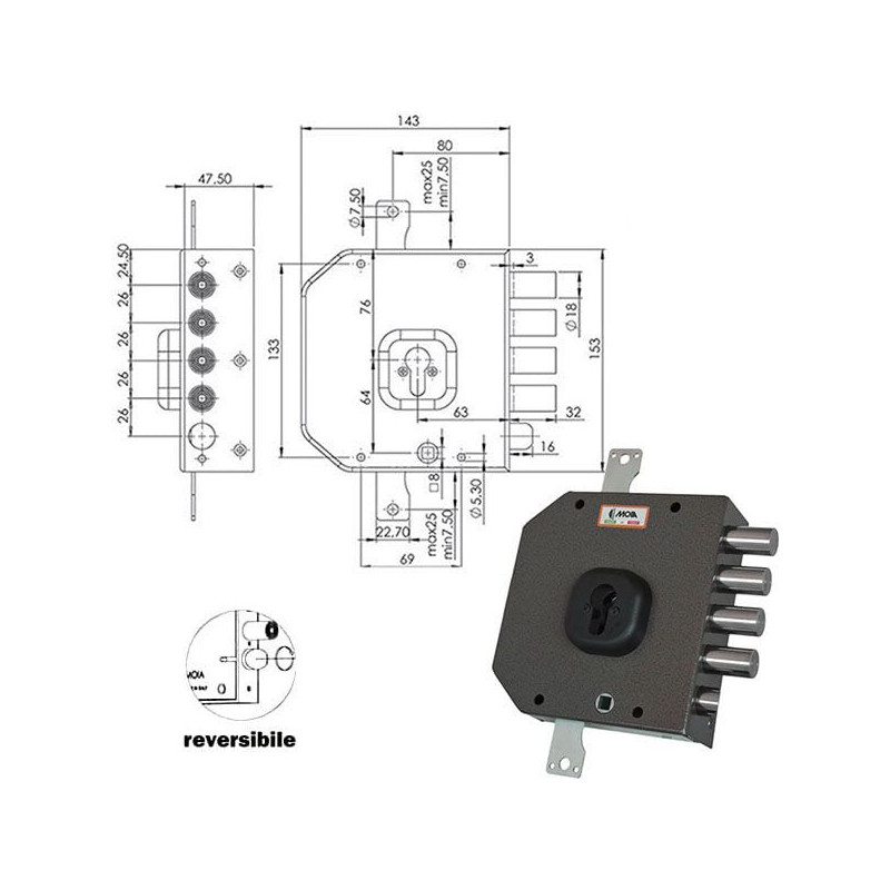 Serratura moia serratura sic.triplice sx cil.a454 4 chiavistelli