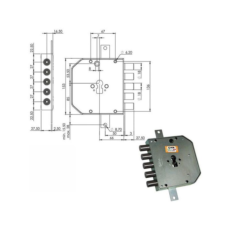 Serratura moia serratura sic.triplice sx cil.e63 5 pistoni [res653/270sfb]