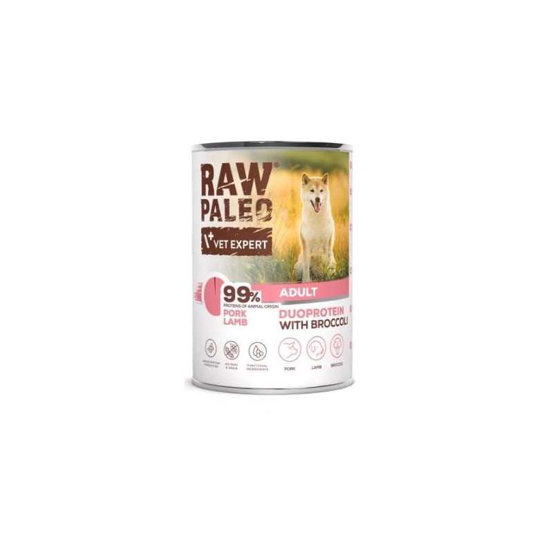 Cibo umido vetexpert raw paleo duoprotein con maiale e agnello per