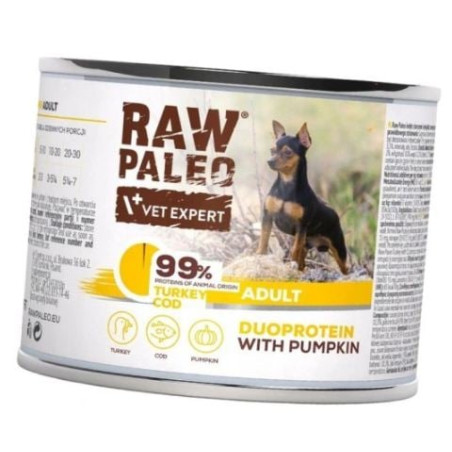 Cibo umido vetexpert raw paleo turkey tacchino in scatola con merluzzo