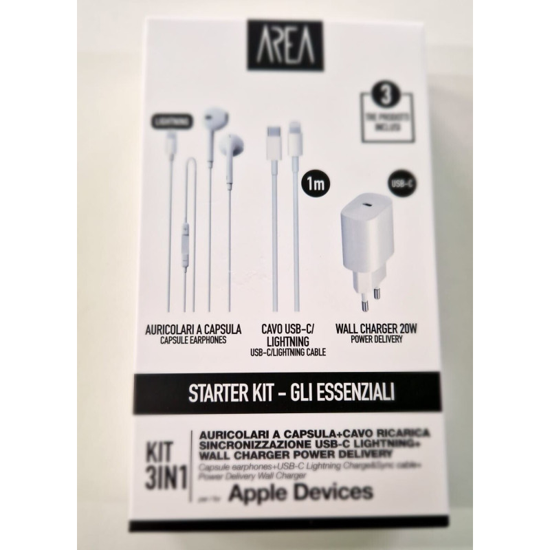 Kit apple 3in1 area starter pd20w+auricolari +cavo tipo-c-lightning