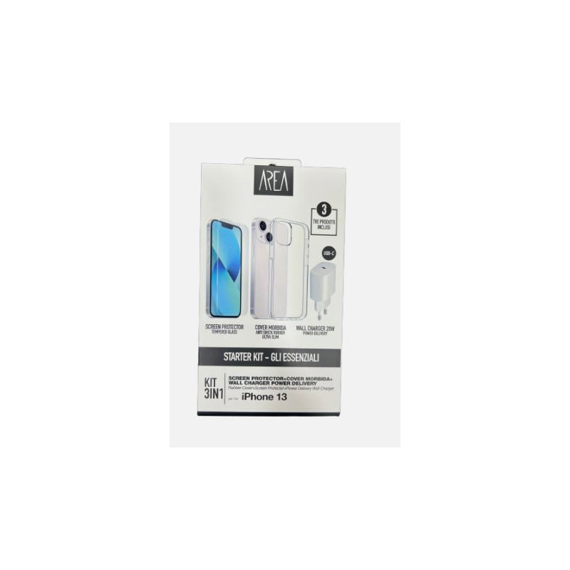 Kit iphone 13 area starter pd20w+tpu+glass bianco [kit3in1ip13w]