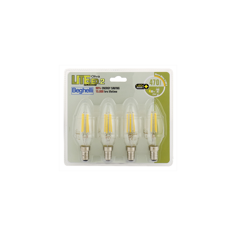 Lampadina led beghelli 4w e14 2700k filament led 2 oliva luce 4pz