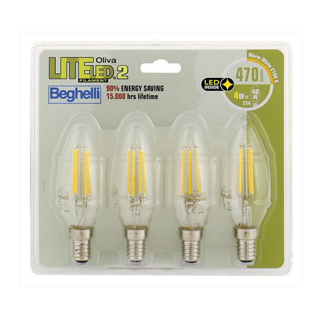 Lampadina led beghelli 4w e14 2700k filament led 2 oliva luce 4pz