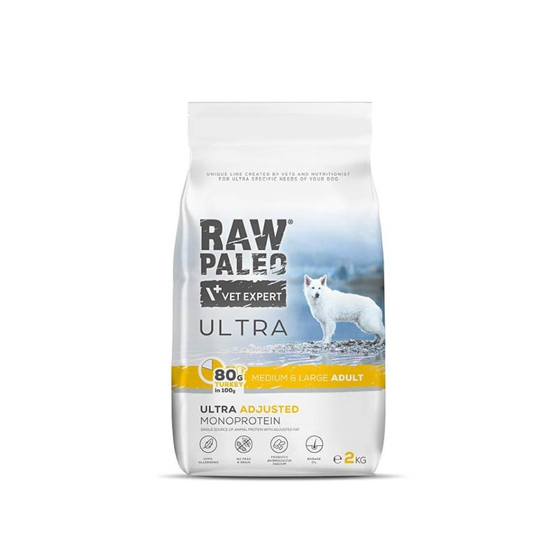 Cibo secco vetexpert raw paleo ultra medium con tacchino per cani