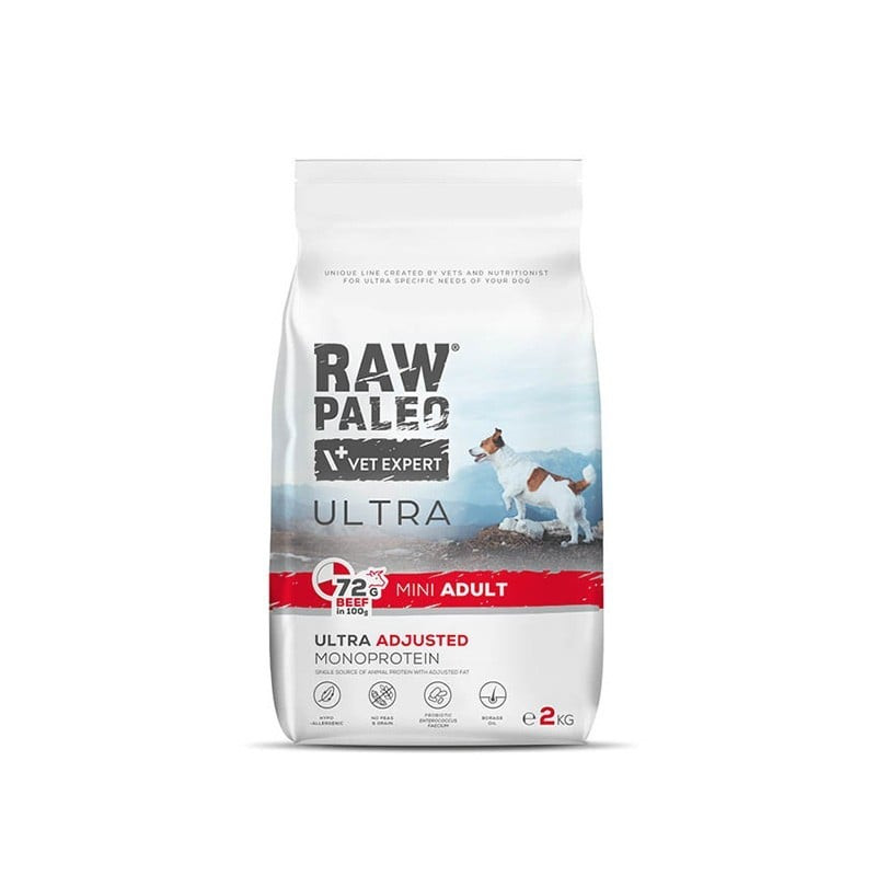 Cibo secco vetexpert raw paleo ultra mini con manzo per cani adulti
