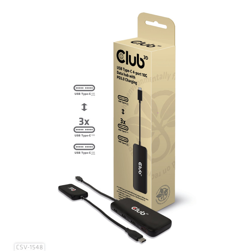 Hub usb club 3d csv-1548 gen2 4xusb type-c/10gbp nero [csv-1548]