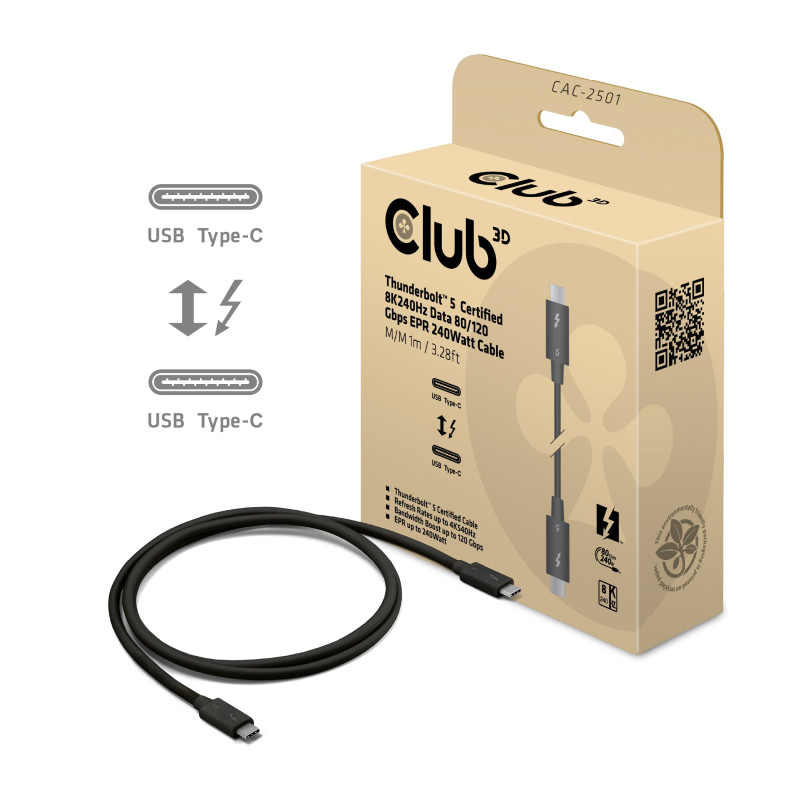 Cavo club 3d thunderbolt 5, 1m m/m 8k240hz,80/120gbps epr 240w [cac-2501]